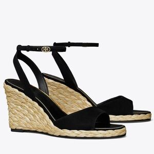 Tory Burch Black and Tan Wedge Sandals
